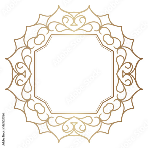 Gold frame for wedding invitation or holiday card on transparent background