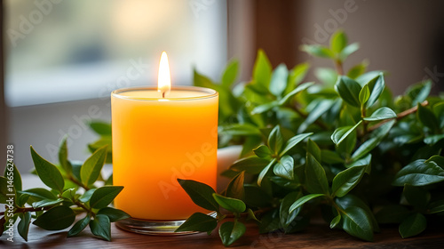 Warm Amber Candle with Lush Greenery - A Relaxing Ambiance