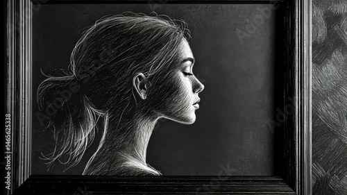 Charcoal sketch of a woman's silhouette, detailed with fine gradients and dramatic shading, framed elegantly in a black matte,