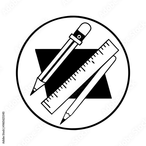 Icon Design Featuring Pencil, Eraser, Ruler, and a Dark Geometric Shape