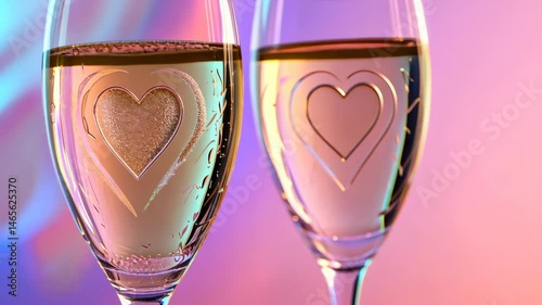 Close-up of a pair of champagne glasses with etched heart designs, set against a pastel backdrop.