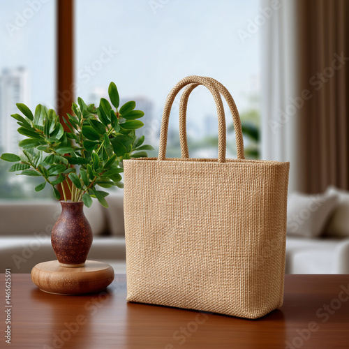 Obraz na płótnie A brown bag with a green plant in a vase on a table w salonie