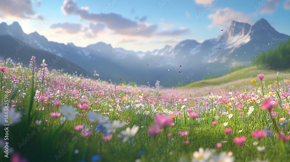 Fototapeta premium Spring wildflowers painted in bold tones across peaceful meadow with fresh green grass image