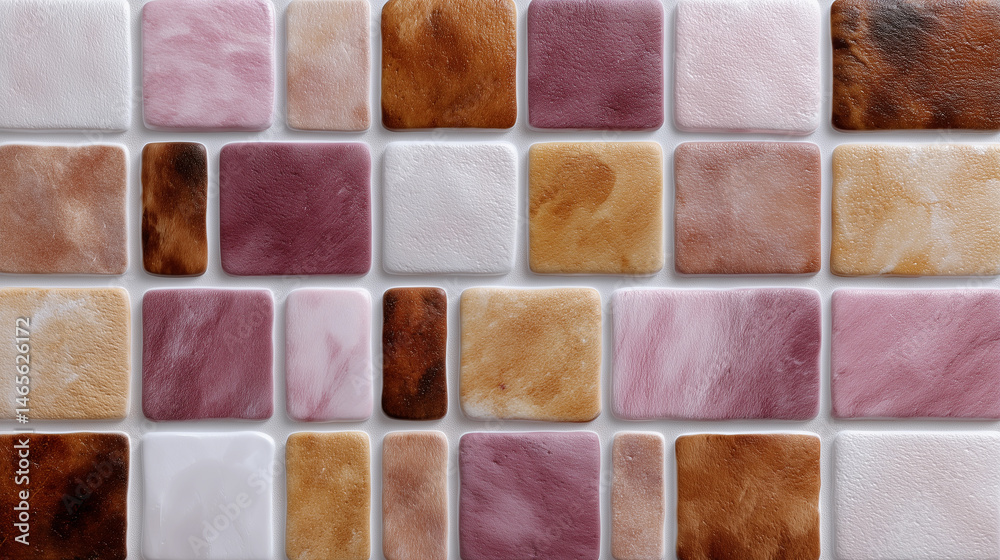 A wall with a pattern of brown and pink tiles
