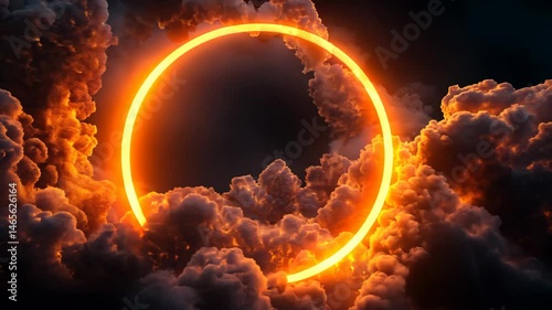 Cloud Formation Illuminated with Orange and Yellow Fluorescent Light. Dark Environment with Circle shaped Neon Frame.