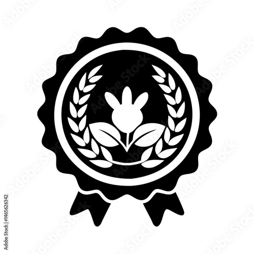 Black and white badge icon with floral elements and ribbon design