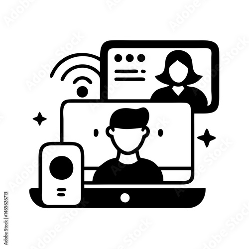Online Meeting with Computer, Tablet and Wifi Signal Connecting Remote Users