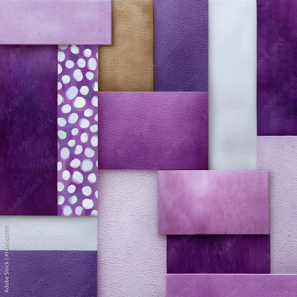 A collage of purple and white squares with a purple background