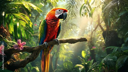 Colorful macaw perched on a branch in a vibrant jungle, its feathers shining in the dappled sunlight.