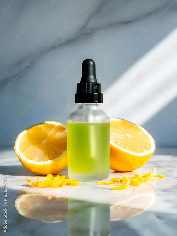 Lemon Serum and Fresh Fruit on a Marble Surface Lemon Serum and Fresh Fruit on a Marble Surface