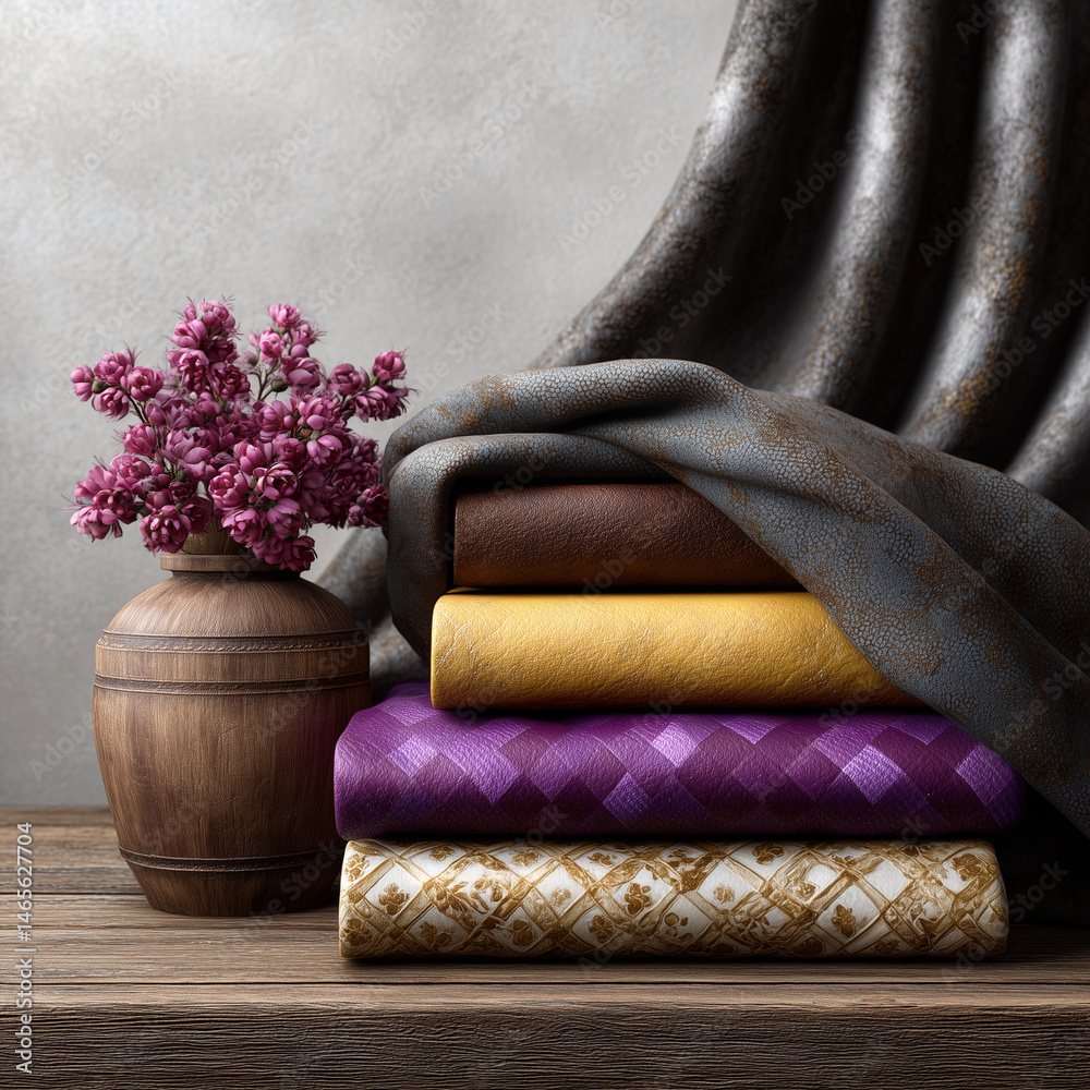 A stack of colorful fabric is on a wooden table next to a vase of purple flowers