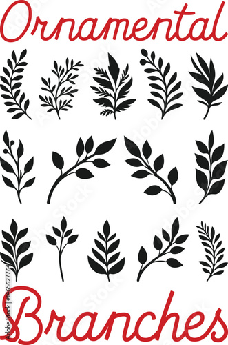 Decorative Black and White Silhouette Branches for Design Projects, set of floral design elements.