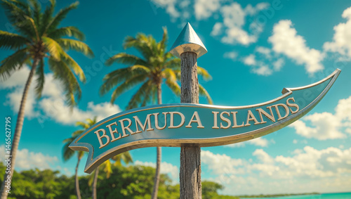 on the pole there is a direction arrow with the inscription    Bermuda Islands  against the background of a picturesque summer landscape