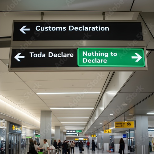 Signage indicating customs declaration or goods to declare lanes in an international airport photo