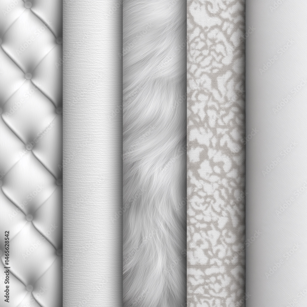 A series of white fabric strips, each with a different texture and pattern