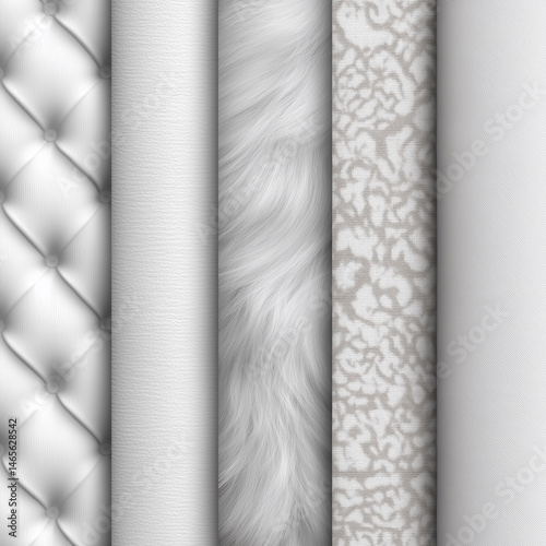 A series of white fabric strips, each with a different texture and pattern