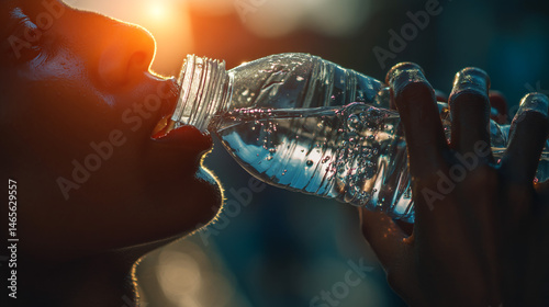 A close-up shot shows someone drinking from a water bottle under the warm sunlight.
