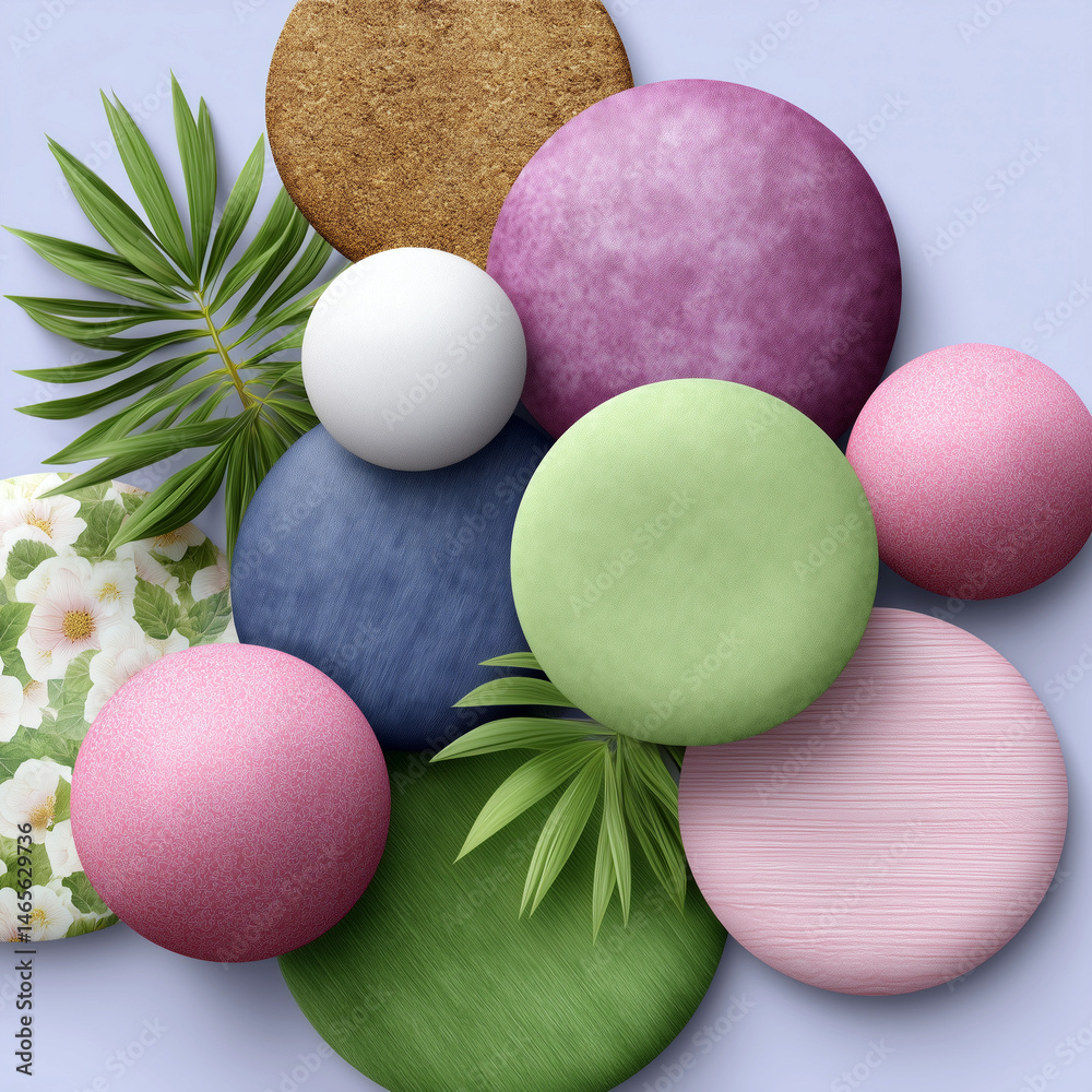 A collection of colorful balls and a leafy green leaf