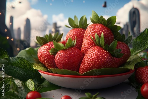 A bowl of fresh strawberries sits on a table with greenery and a modern cityscape in the background.