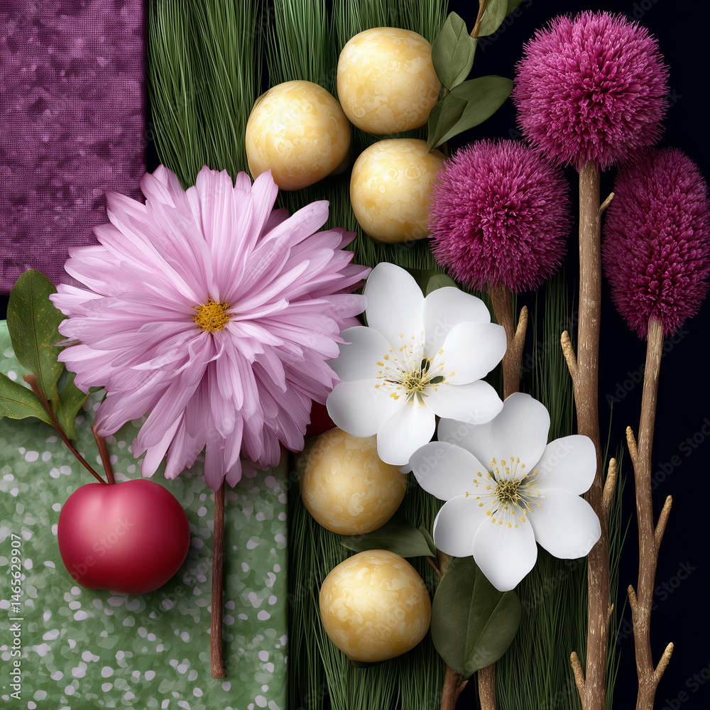 A flower arrangement with a purple and white flower, a red eggplant
