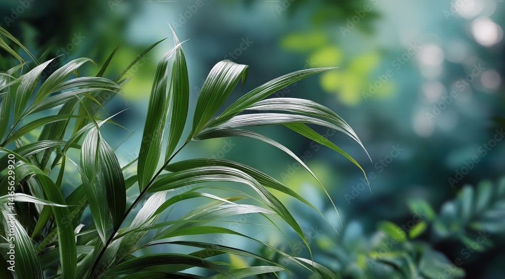 Lush Green Foliage Illuminated by Soft Light in a Tranquil Forest Setting During Early Morning Hours
