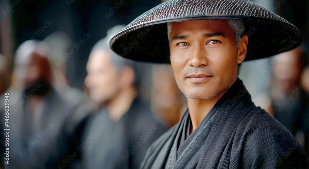 Warrior in Traditional Attire Stands Confidently in a Forest During a Rainy Day