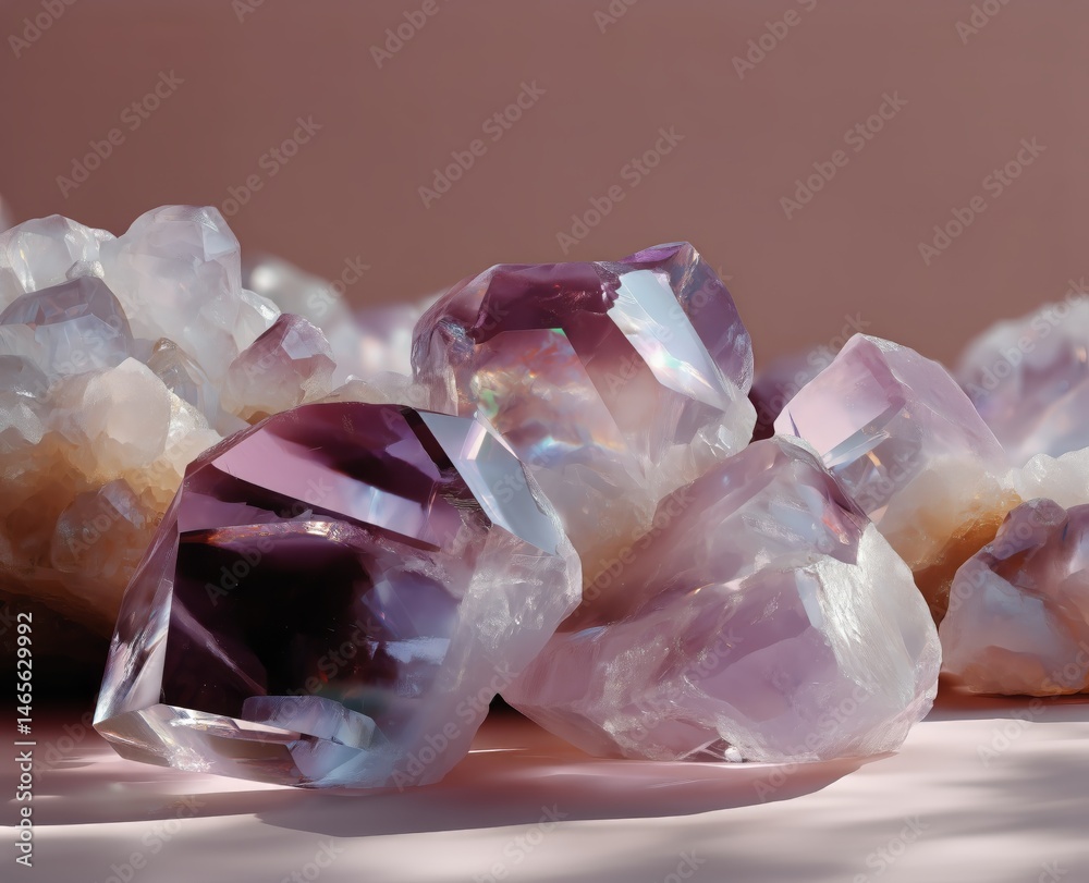 Amethyst Crystals Shining in the Soft Light on a Pastel Background During Afternoon