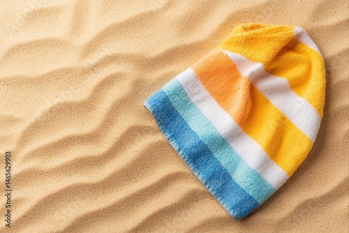 Striped towel on sand, summer vacation concept. use cases: travel blogs, beach product promotion, vacation planning materials.