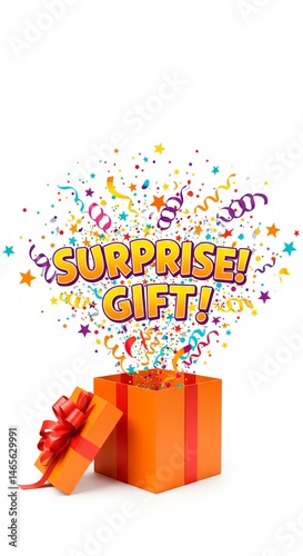 An orange gift box with a red bow and the words surprise gift with confetti on a white background