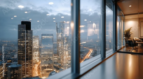Night View of a Modern High-Rise Interior With City Lights and Cloudy Sky Vis...