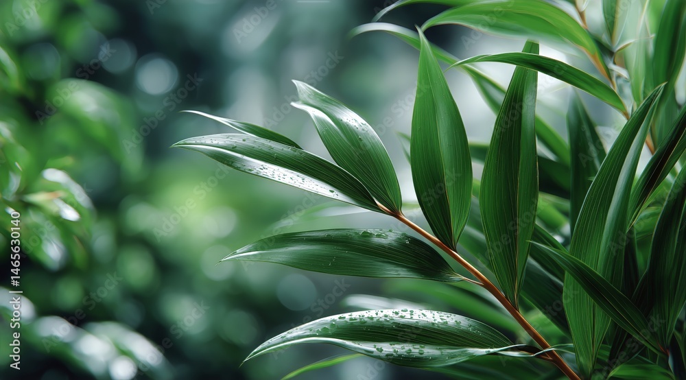 Vibrant Green Leaves Reflect Sunlight in a Tranquil Forest Setting During Early Morning Hours