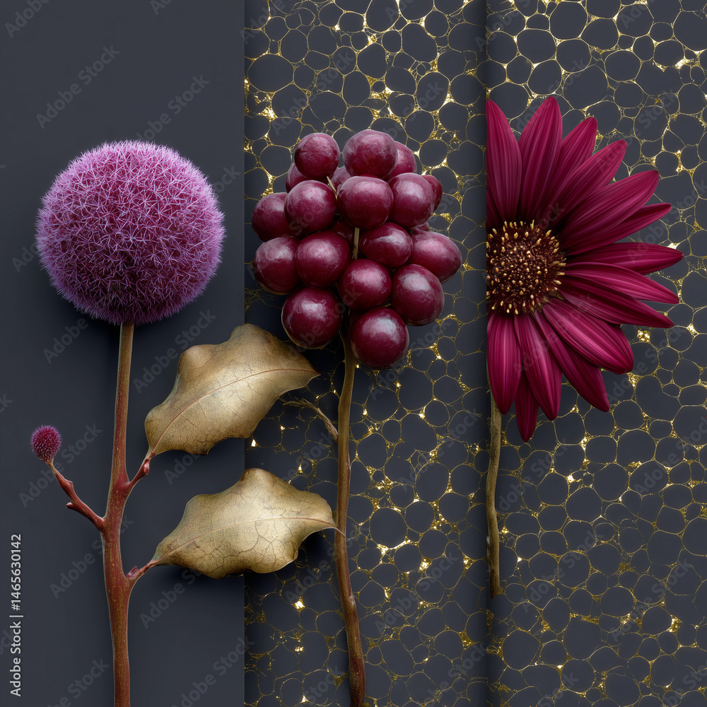 A bouquet of flowers with a purple flower and a bunch of grapes