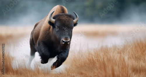 Bison Running Through Tall Grass in a Serene Landscape at Dawn