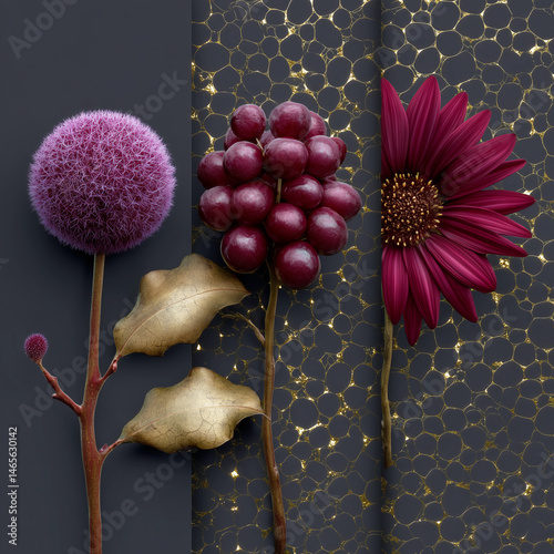 Obraz na płótnie A bouquet of flowers with a purple flower and a bunch of grapes w salonie