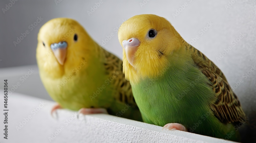 Budgerigars Perched Together in a Cozy Indoor Setting, Showcasing Vibrant Feathers and Curious Expressions