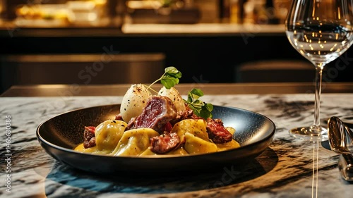 Delicious dish of meat and pasta on a marble counter