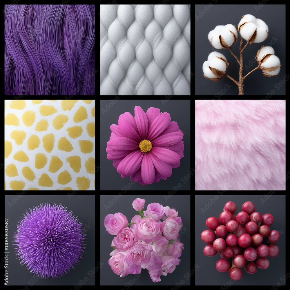 A collage of various flowers and fruits, including a purple flower
