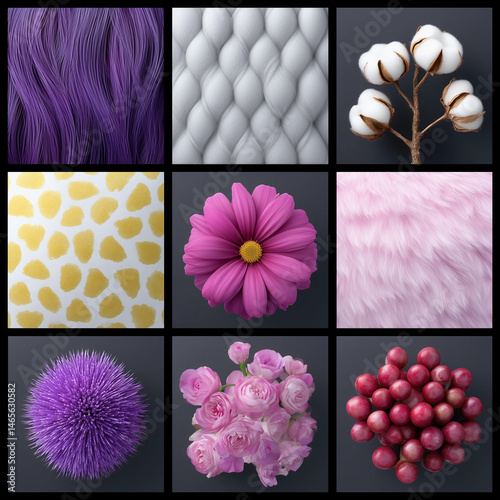 A collage of various flowers and fruits, including a purple flower