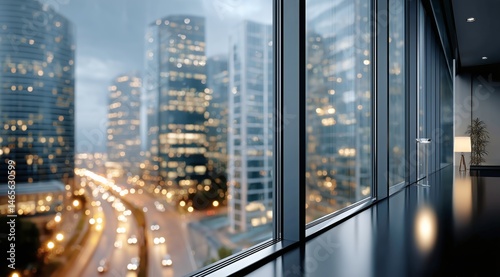 Modern City Skyline View From an Office Window at Twilight