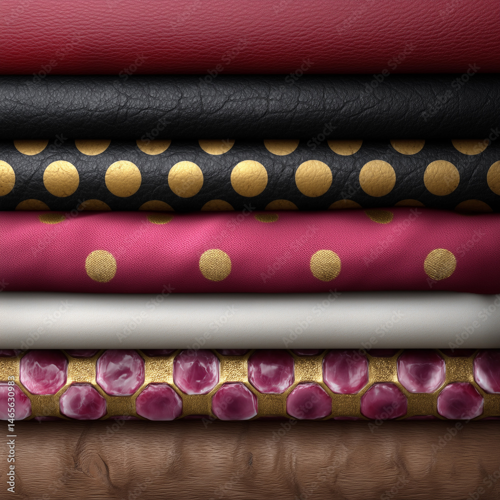 A stack of fabrics with a gold and black polka dot pattern