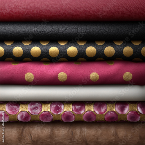 Obraz na płótnie A stack of fabrics with a gold and black polka dot pattern w salonie