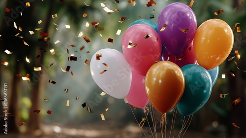 Colorful Balloons Floating in the Air During a Joyful Celebration in a Lush Outdoor Setting
