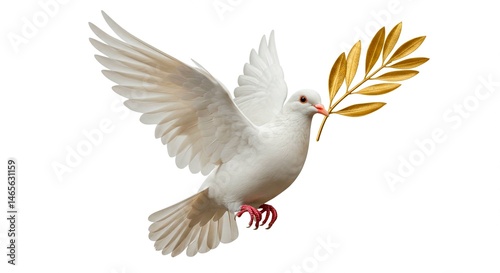 A white dove flying with a golden olive branch in its beak against a white background studio shot