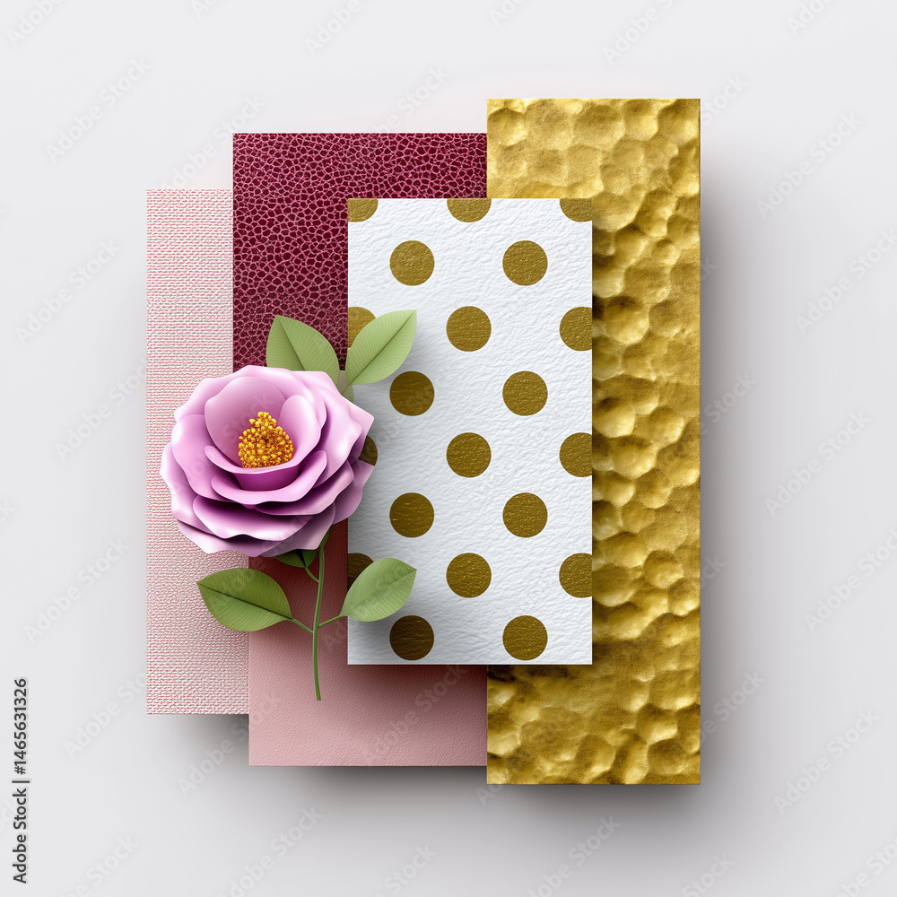 A gold and white polka dot patterned paper is overlaid with a pink rose