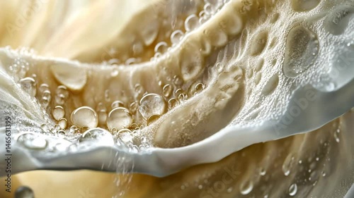 Dew-covered rose petal in extreme macro, capturing delicate veins and water droplets in intricate detail, soft light enhancing textures.