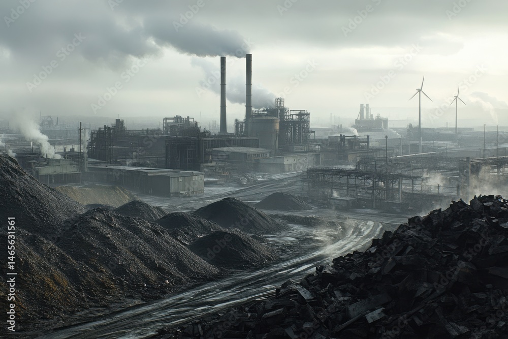 Obraz premium Industrial complex with smoke stacks on a white background