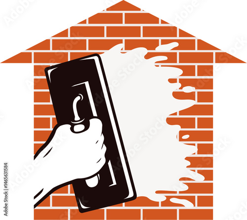 Brick house symbol and trowel with plaster