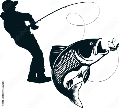 Fisherman silhouette catching fish, design for fishing