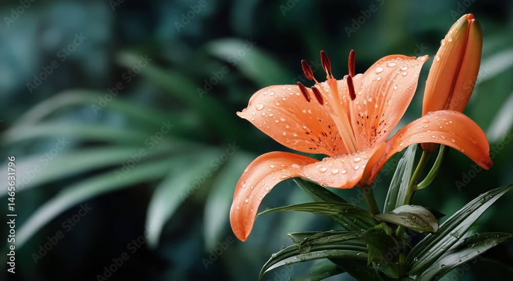 Bright Orange Lily Flower With Water Droplets Captured in a Lush Garden Setting