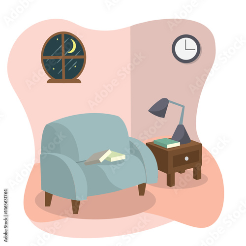 Isolated living room night hygge illustation